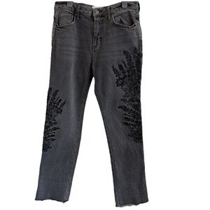 Free People We The Free Sz 27 Jeans Grey Black Embroidered Floral Denim Raw Hem